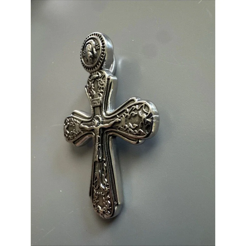 Cross Pendant Dark Silver Tone Stainless Steel 24” Box Chain Jesus Christ Unisex